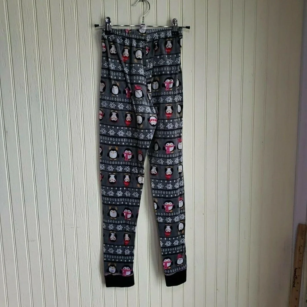 Rose & Ruffle Pajama Pants Girls 12 Gray Fleece Penguin Winter Sleepwear